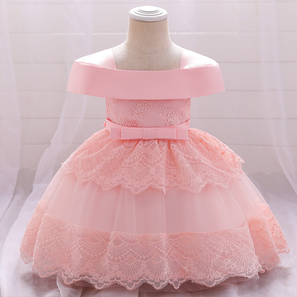 Baby Girls Flat Shoulder Lace Mesh Princess Dress - PrettyKid