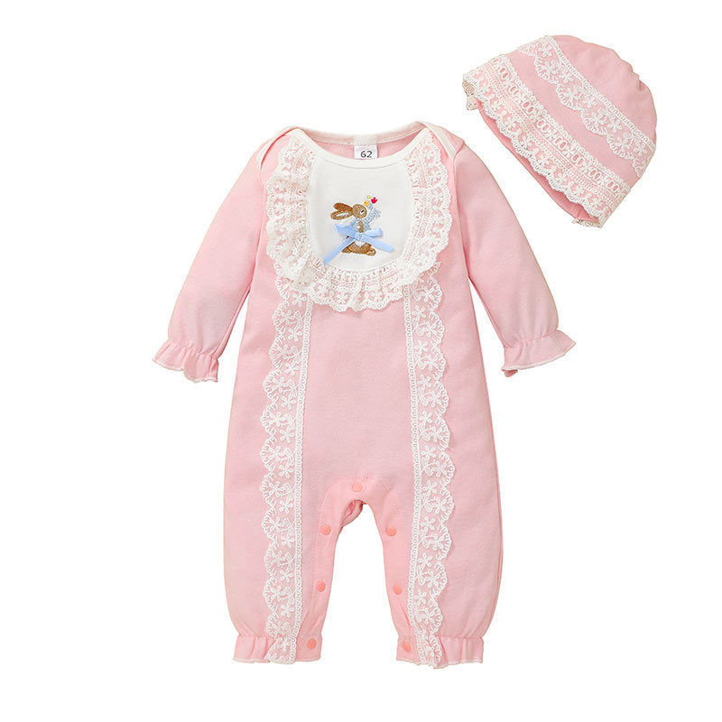 Bunny Pattern Lace Trim Baby Girl Jumpsuit Long Sleeve And Hat - PrettyKid
