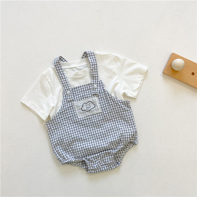 Baby White T-Shirt And Plaid Jumpsuit Two Piece Baby Sets - PrettyKid