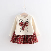 Bunny Print Bow Floral Stitching Wholesale Toddler Girl Dresses - PrettyKid