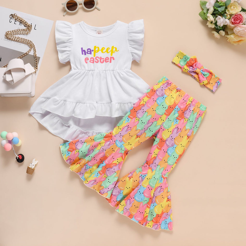9M-4Y Easter Toddler Girls Sets Hi Lo Hem Top & Bunny Flared Pants & Headband Wholesale Sunny Girl Clothing - PrettyKid