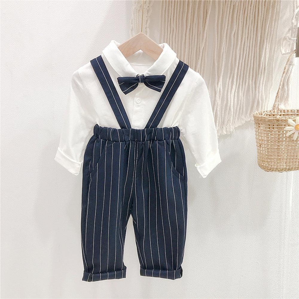 Boys Plain Lapel Collar Top Bow Tie And Striped Overalls Wholesale Toddler Boy Sets - PrettyKid