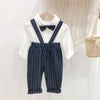 Boys Plain Lapel Collar Top Bow Tie And Striped Overalls Wholesale Toddler Boy Sets - PrettyKid