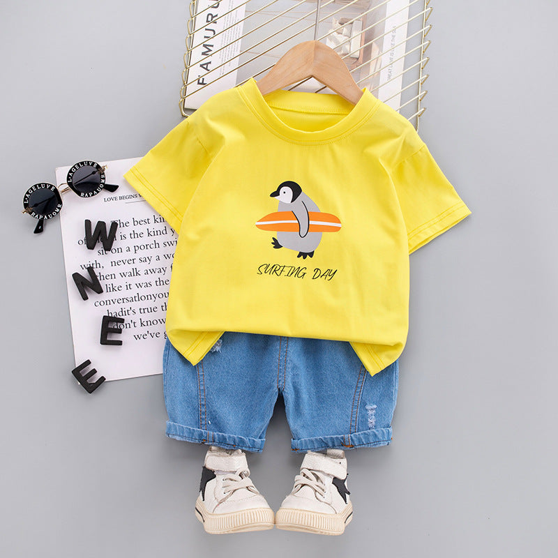 Baby Boy Penguin Print T-Shirt And Denim Shorts Baby Boy Shorts Set - PrettyKid