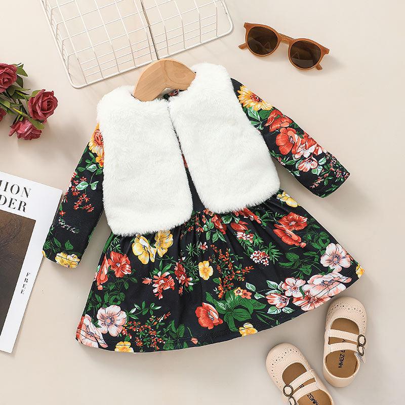 Baby Girl Long-Sleeved Floral Dress And Furry Jacket Two Piece Baby Sets - PrettyKid