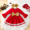 Christmas Lace Trim Flared Sleeve Bow Baby Girl Red Dress - PrettyKid