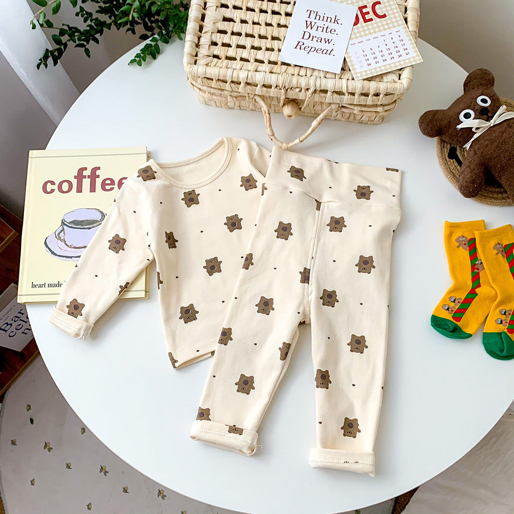 Bear & Flower Print Top And Pants Two Piece Pajamas Baby Sets - PrettyKid