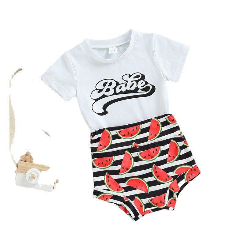 Babe Short Sleeve T-Shirt Stripe Watermelon Shorts Wholesale Baby Girl Outfit Sets KS167021 - PrettyKid