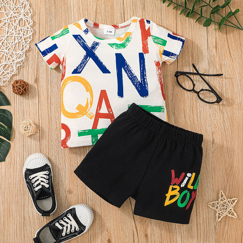 Baby Boys Colorful Letters T-Shirt And Short Sleeves Two Piece Baby Sets - PrettyKid