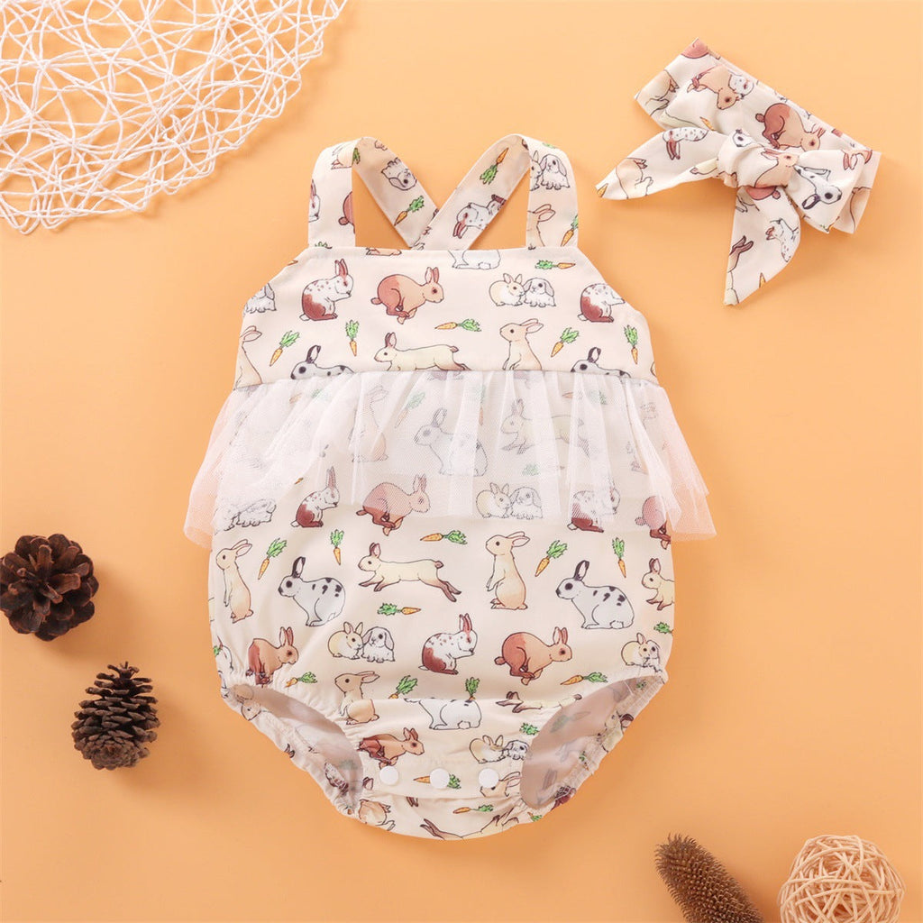 Bunny Carrot Lace Wholesale Newborn Baby Girl Romper With Headband - PrettyKid