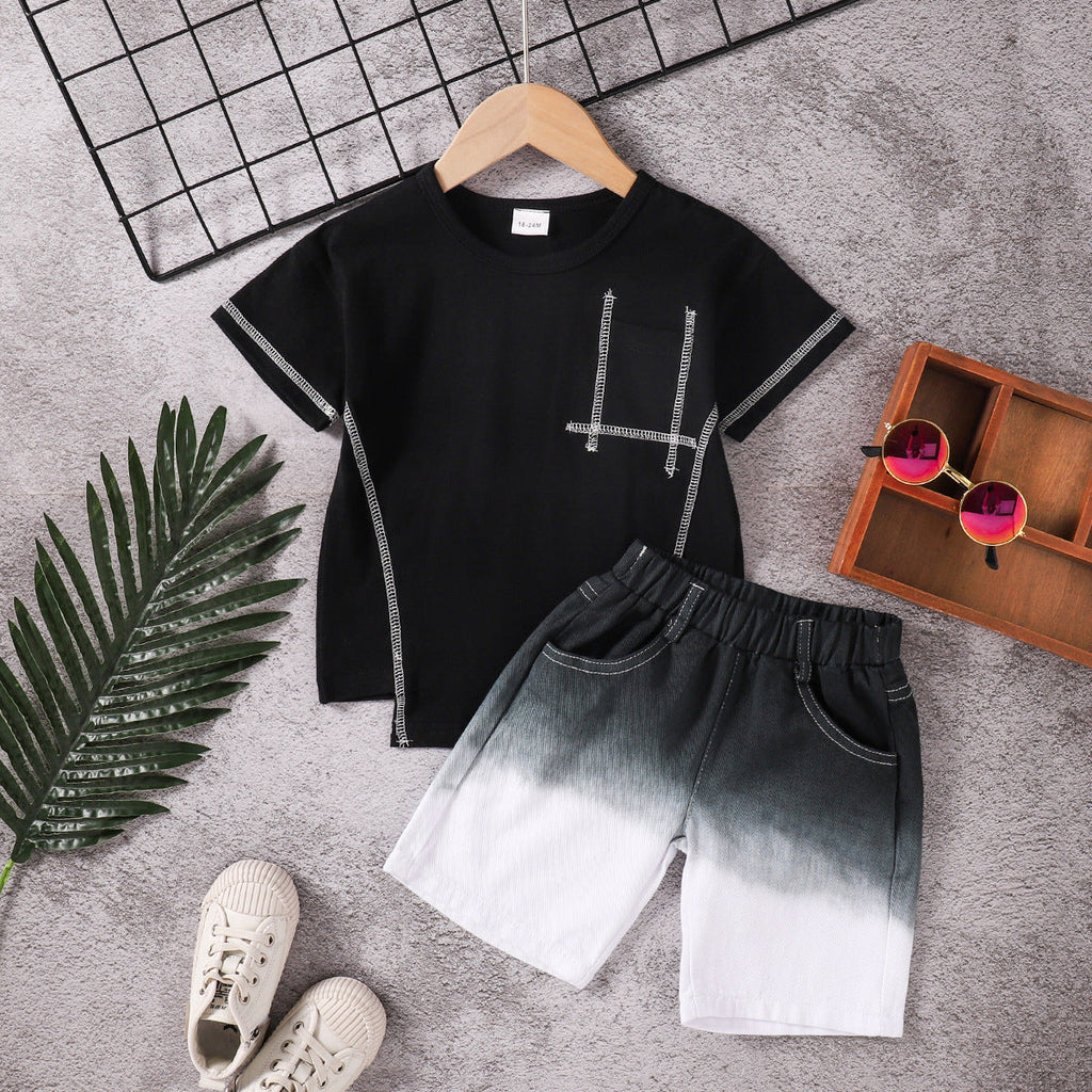 Boys And Girls Irregular T-Shirt And Plain Color Blocking Shorts Wholesale Toddler Clothing Sets - PrettyKid