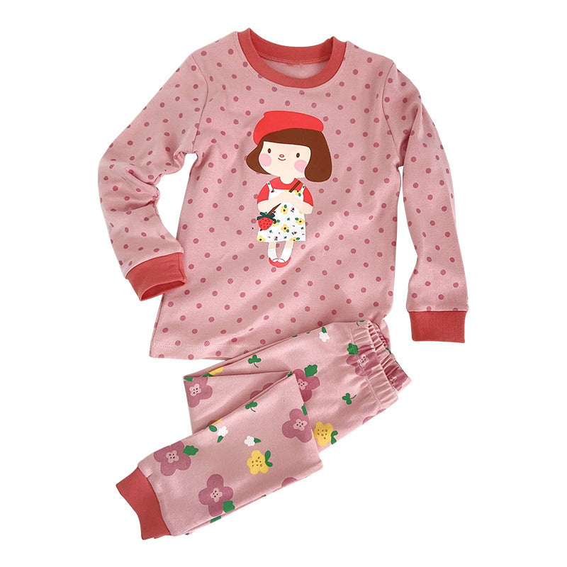 Cartoon Girl Polka Dot Print Top And Flower Pattern Pants Wholesale Kids Girl Pajamas - PrettyKid