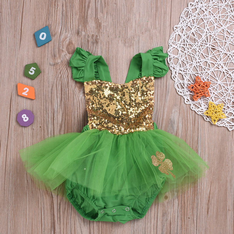 Baby Girls St. Patrick's Day Four Leaf Print Flutter Sleeve Mesh Bodysuit Dresses - PrettyKid