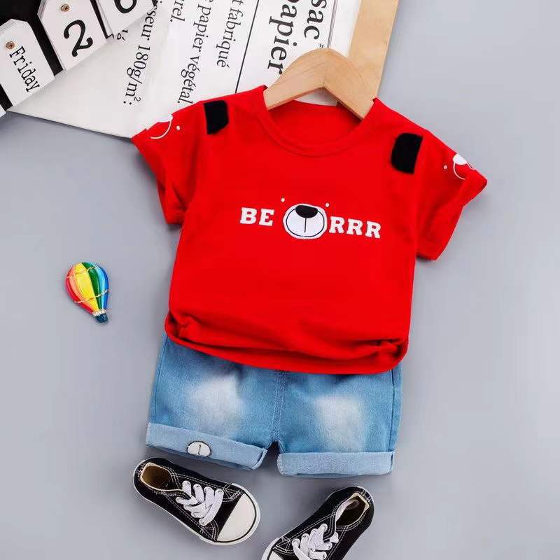 Baby Boy Bear Graphic T-Shirt And Denim Shorts Baby Boy Tracksuit Set - PrettyKid