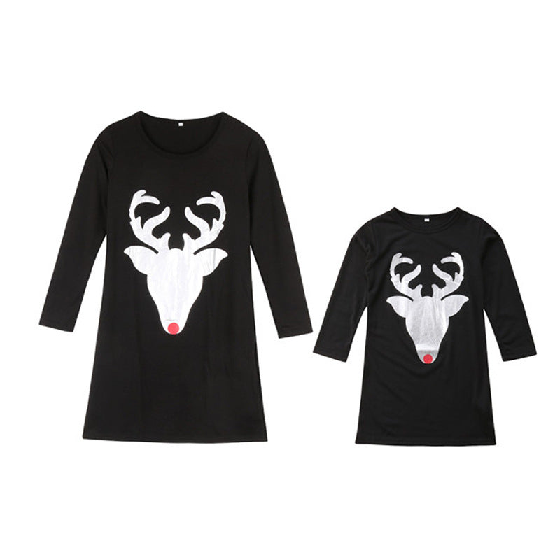 Christmas Deer Black Dresses Wholesale Mommy And Me Clothing - PrettyKid
