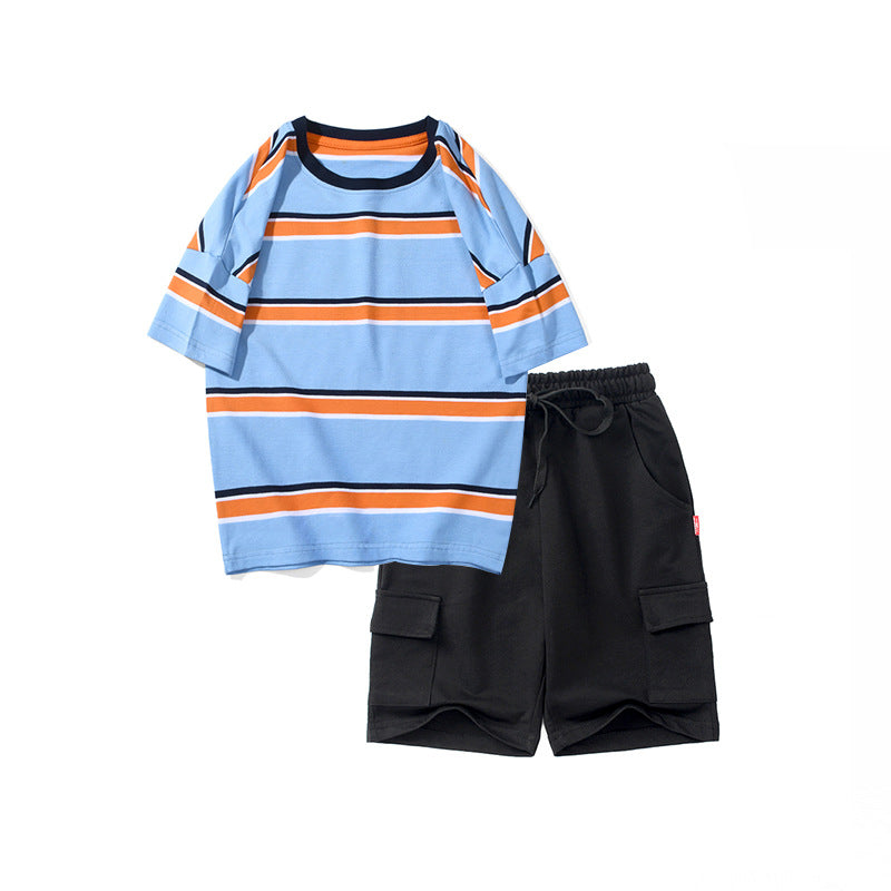 5-13Y Kid Boys Sets Striped Dinosaur Print Crew Neck T-Shirt & Shorts Wholesale Kids Boutique Clothing - PrettyKid