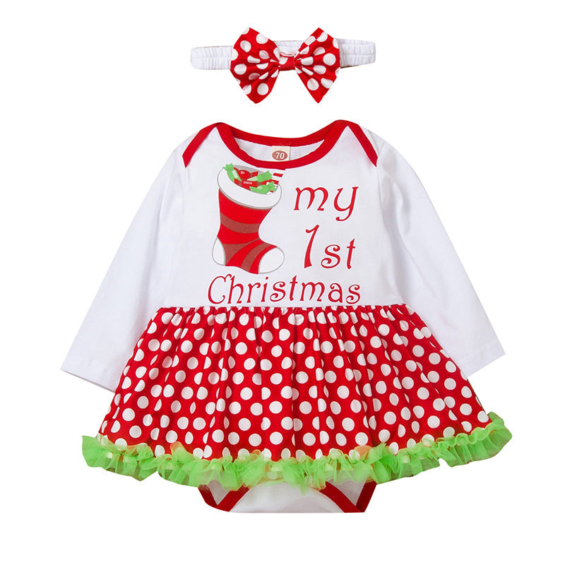 Christmas Letters & Stockings Print Polka Dot Baby Girl Romper Jumpsuit - PrettyKid