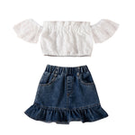 18M-6Y Toddler Girls Clothing Sets Off-Shoulder Lace Top & Ruffle Hem Denim Skirt Wholesale Little Girl Clothing - PrettyKid