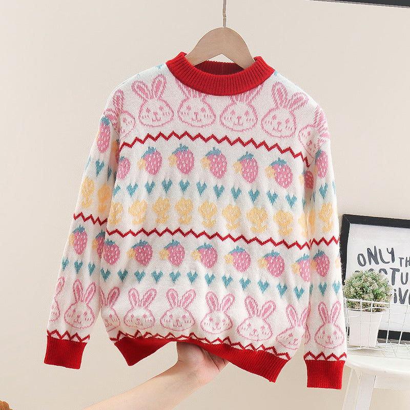 Bunny & Strawberry Print Knit Sweater Kids Wholesale Clothing - PrettyKid