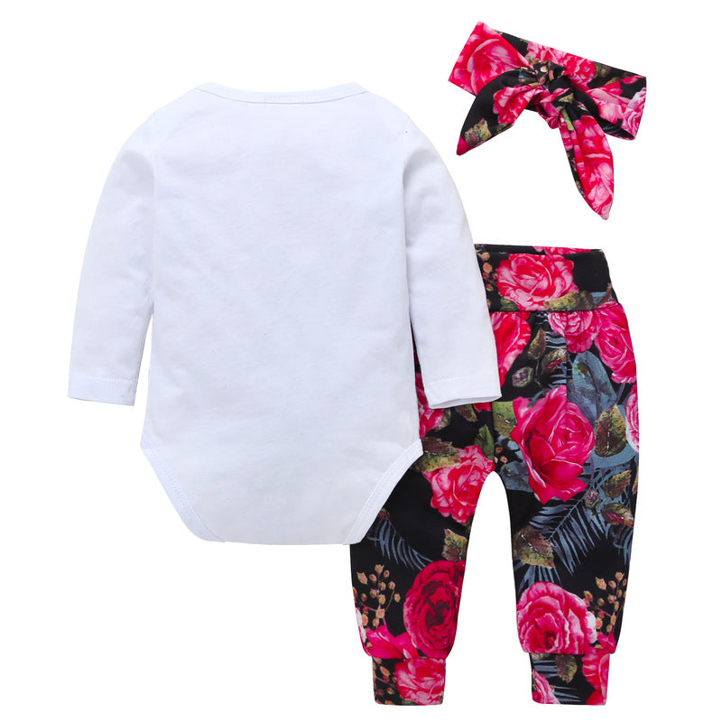 Baby Girl Monogram Print Bodysuit And Trousers With Headband Baby Girl Outfit Sets KS125932 - PrettyKid