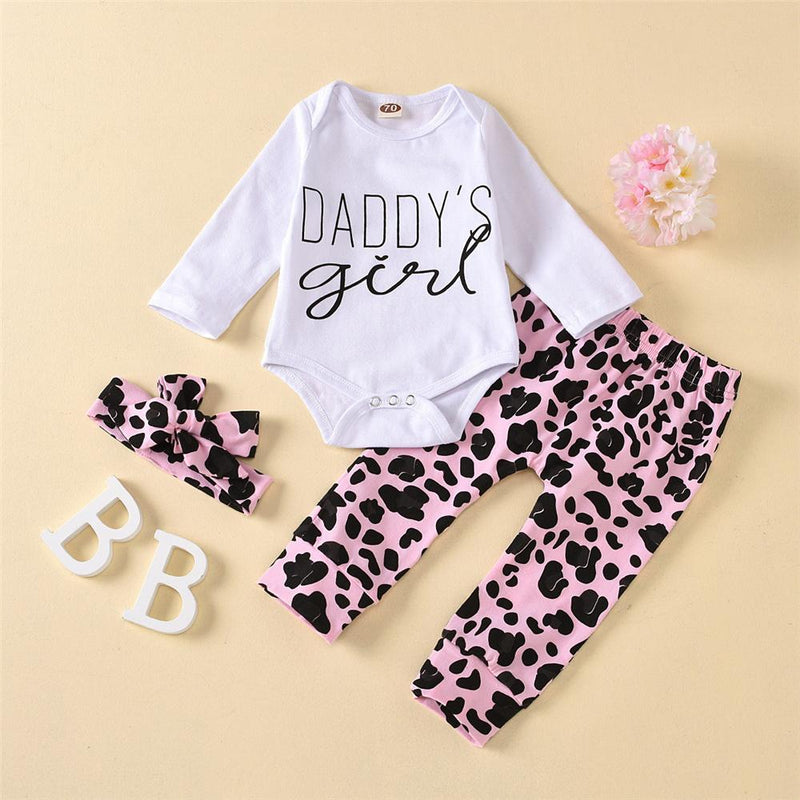 Baby Daddy's Girl Letter Printed Long Sleeve Romper & Leopard Printed Pants & Headband Baby Clothing In Bulk - PrettyKid