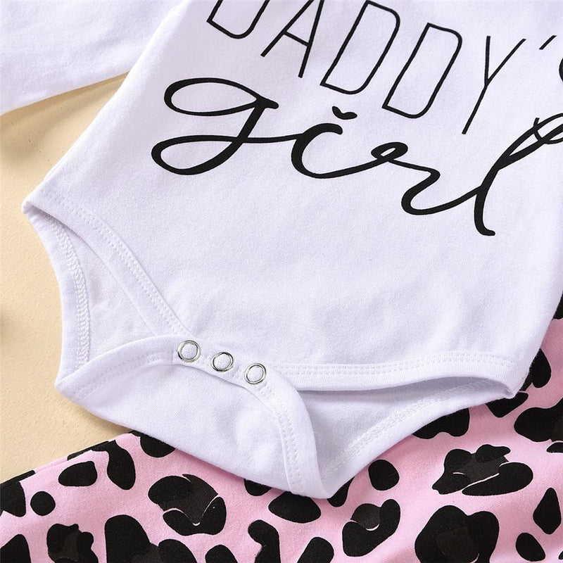 Baby Daddy's Girl Letter Printed Long Sleeve Romper & Leopard Printed Pants & Headband Baby Clothing In Bulk - PrettyKid