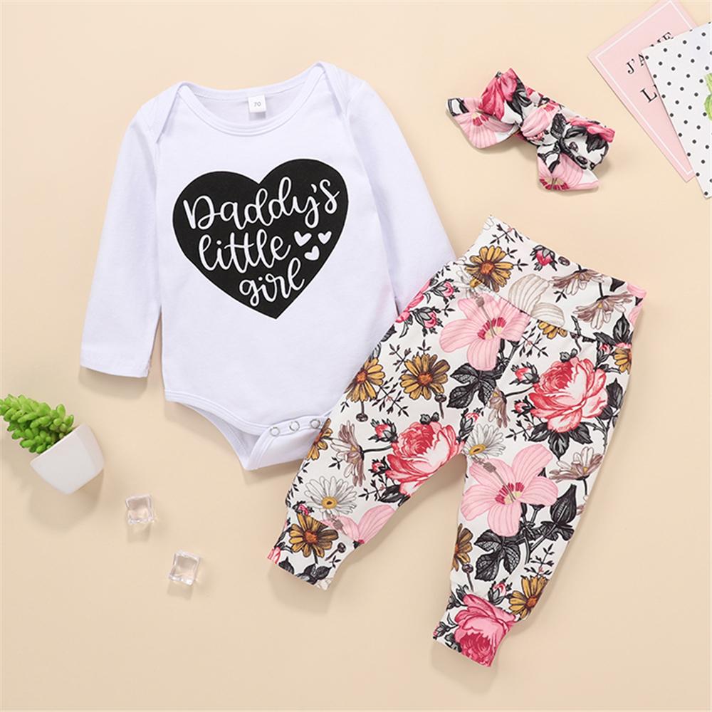 Baby Daddy's Little Girl Long Sleeve Romper & Floral Printed Pants & Headband Baby Outfits - PrettyKid