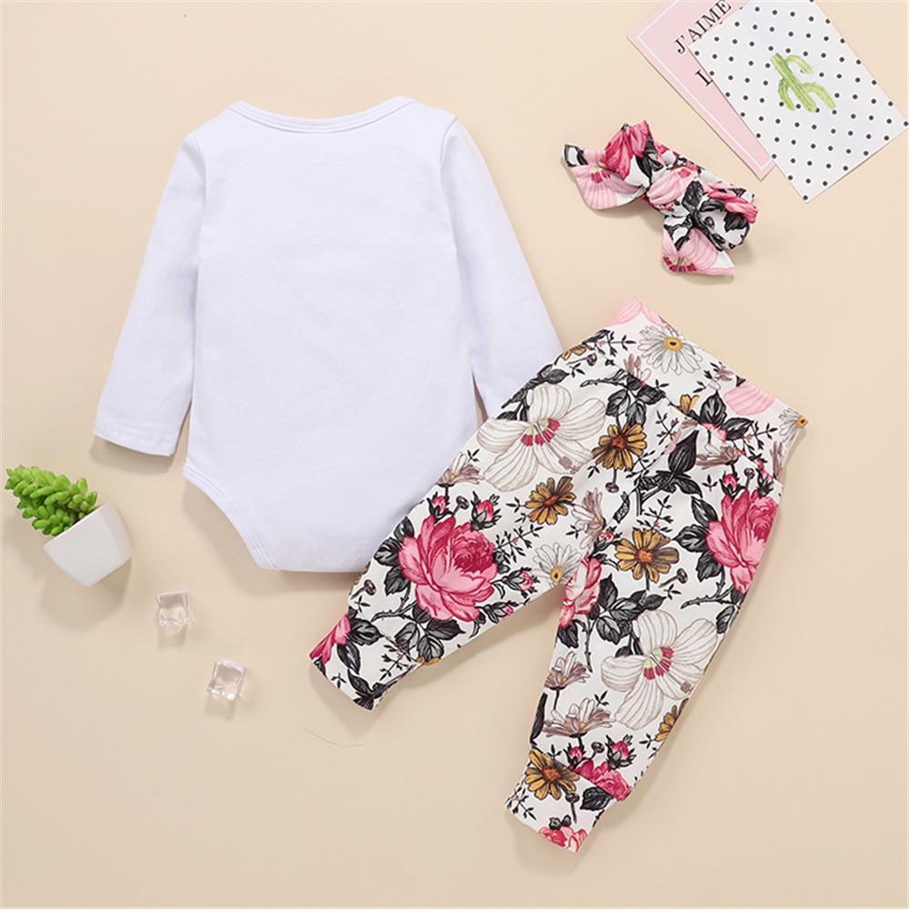 Baby Daddy's Little Girl Long Sleeve Romper & Floral Printed Pants & Headband Baby Outfits - PrettyKid