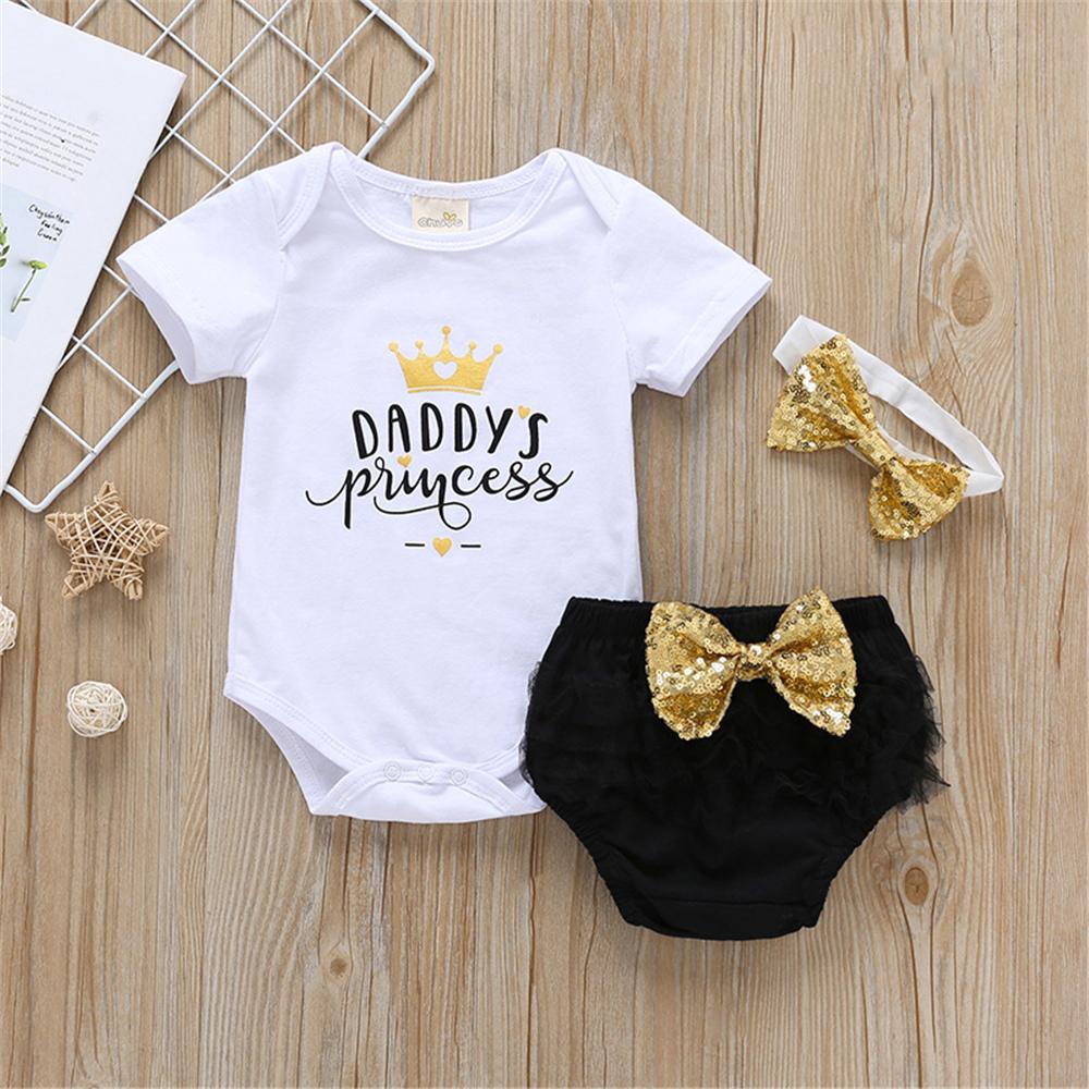 Baby Girls Daddys Princess Short Sleeve Romper & Shorts & Headband Baby wear Wholesale - PrettyKid