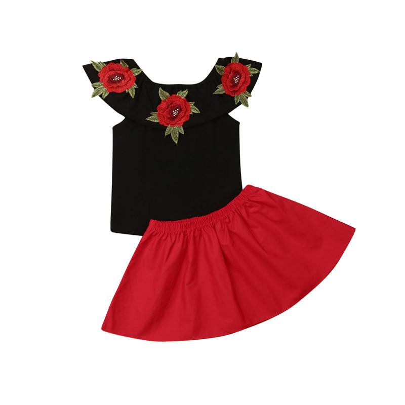 Toddler Girl Rose Embroidery Ruffle Trim Top Short Skirt - PrettyKid