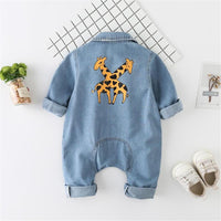 Baby Denim Animal Print Long-Sleeve Rompers - PrettyKid