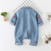 Baby Denim Animal Print Long-Sleeve Rompers - PrettyKid