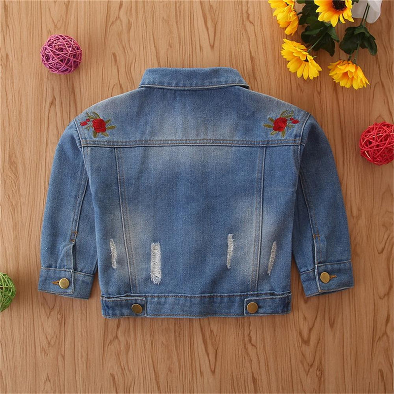 Girls Denim Embroidered Lapel Long Sleeve Jacket Toddler Wholesale - PrettyKid