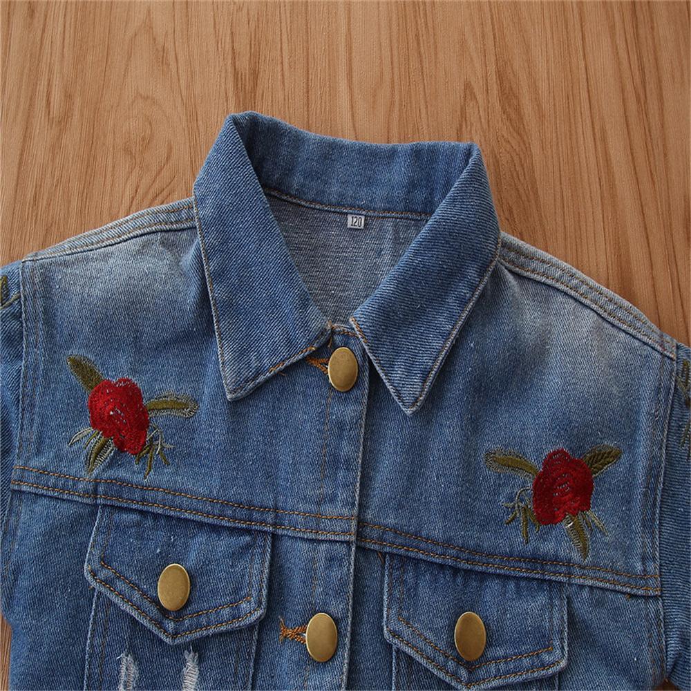 Girls Denim Embroidered Lapel Long Sleeve Jacket Toddler Wholesale - PrettyKid