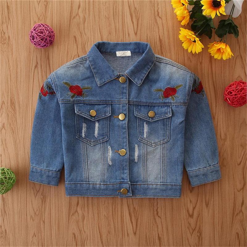 Girls Denim Embroidered Lapel Long Sleeve Jacket Toddler Wholesale - PrettyKid