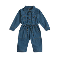 Girls Denim Lapel Long Sleeve Pocket Jumpsuit Wholesale Girl Clothing - PrettyKid