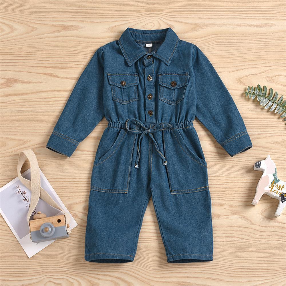 Girls Denim Lapel Long Sleeve Pocket Jumpsuit Wholesale Girl Clothing - PrettyKid