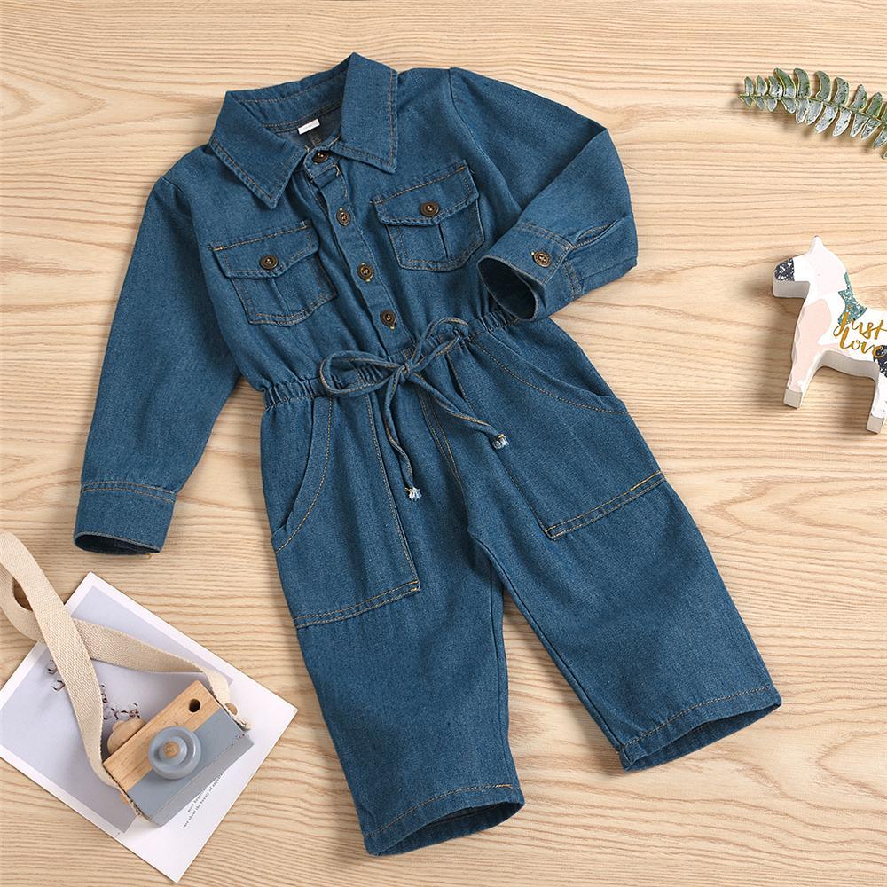 Girls Denim Lapel Long Sleeve Pocket Jumpsuit Wholesale Girl Clothing - PrettyKid