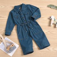 Girls Denim Lapel Long Sleeve Pocket Jumpsuit Wholesale Girl Clothing - PrettyKid