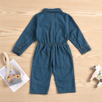 Girls Denim Lapel Long Sleeve Pocket Jumpsuit Wholesale Girl Clothing - PrettyKid