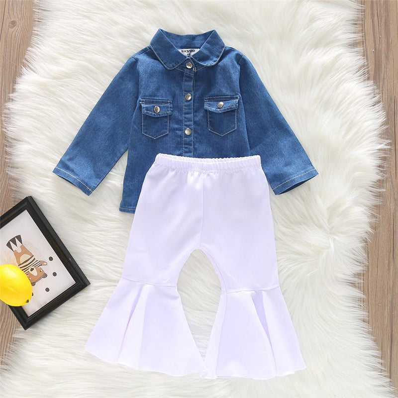 Girls Denim Long Sleeve Button Jacket & Flare Pants - PrettyKid