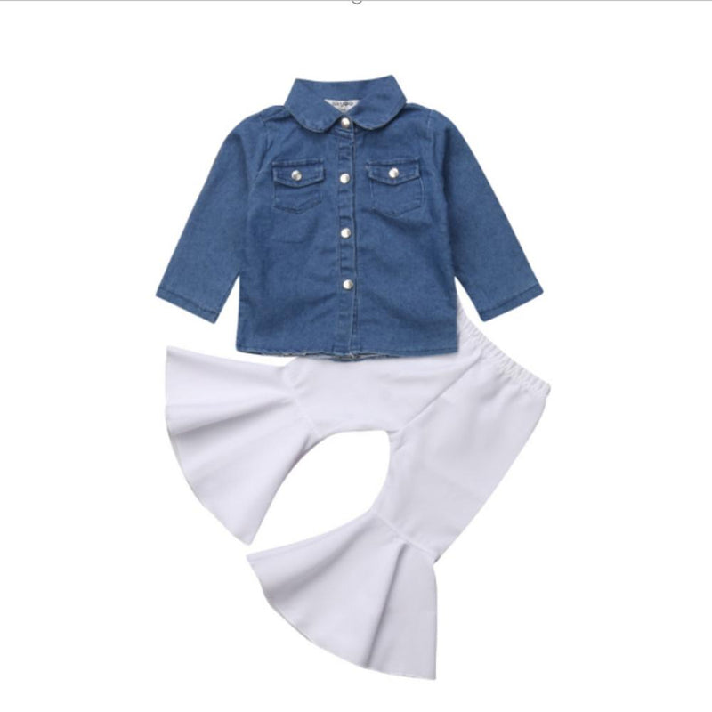 Girls Denim Long Sleeve Button Jacket & Flare Pants - PrettyKid