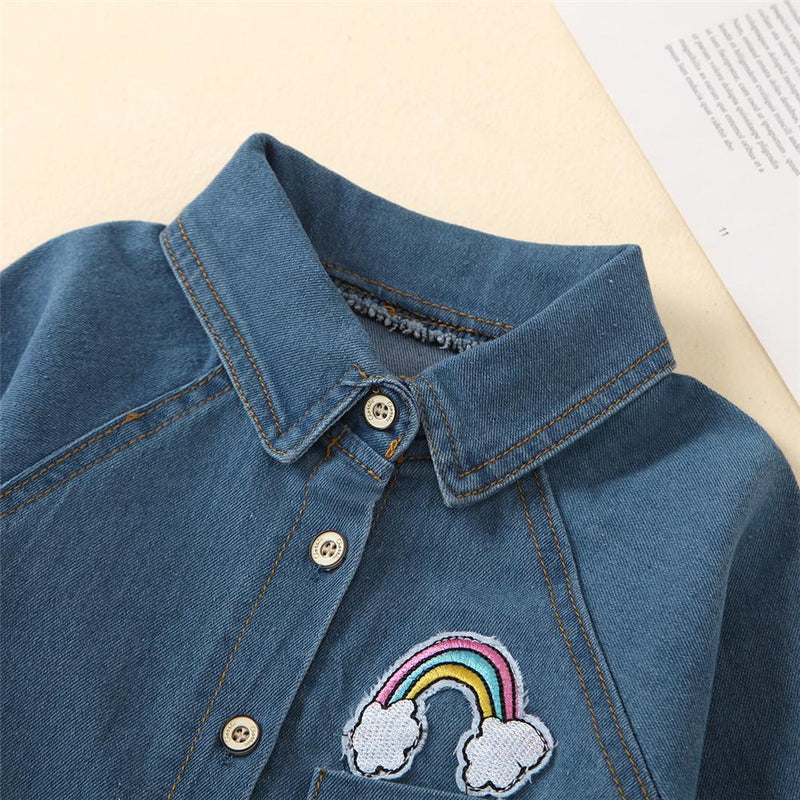 Unisex Denim Rainbow Embroidered Long Sleeve Lapel Shirt Toddler Clothing Wholesale - PrettyKid