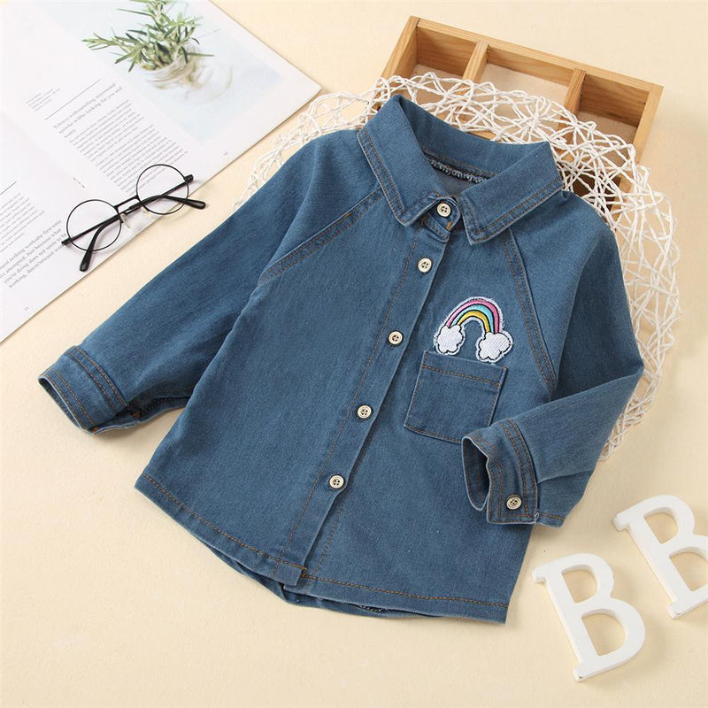 Unisex Denim Rainbow Embroidered Long Sleeve Lapel Shirt Toddler Clothing Wholesale - PrettyKid