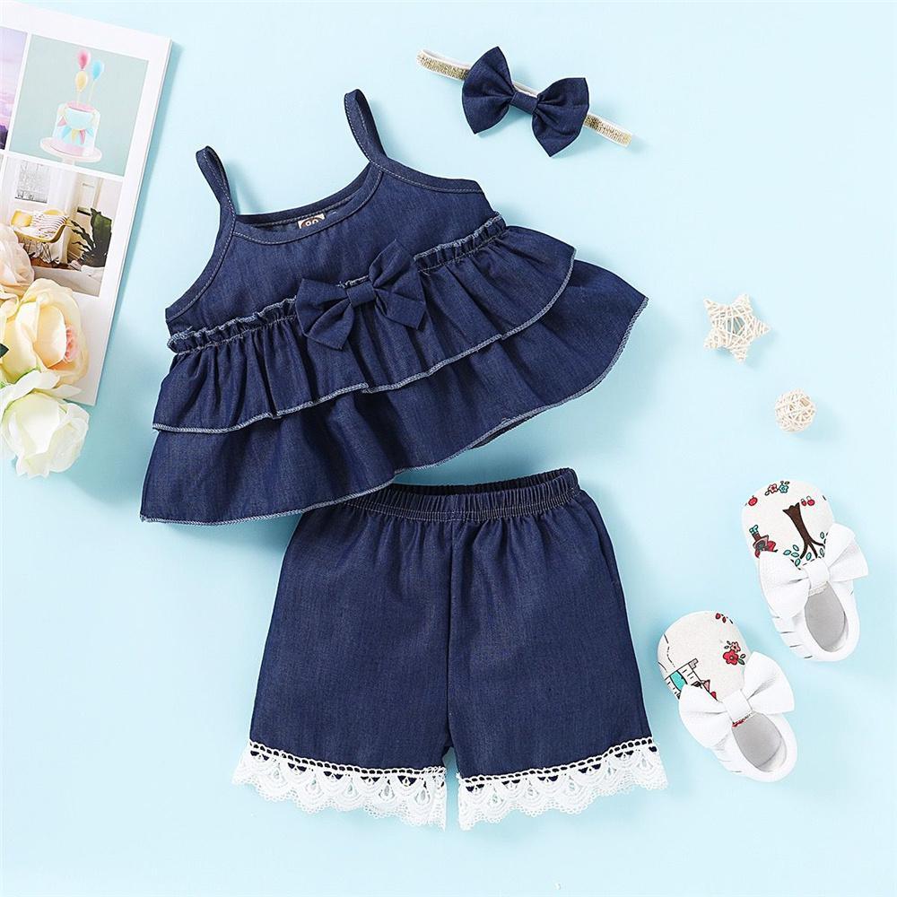 Girls Denim Solid Color Bow Decor Tank Top & Shorts Wholesale Little Girl clothes - PrettyKid