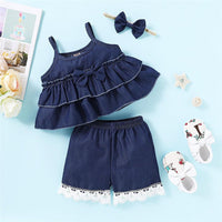 Girls Denim Solid Color Bow Decor Tank Top & Shorts Wholesale Little Girl clothes - PrettyKid