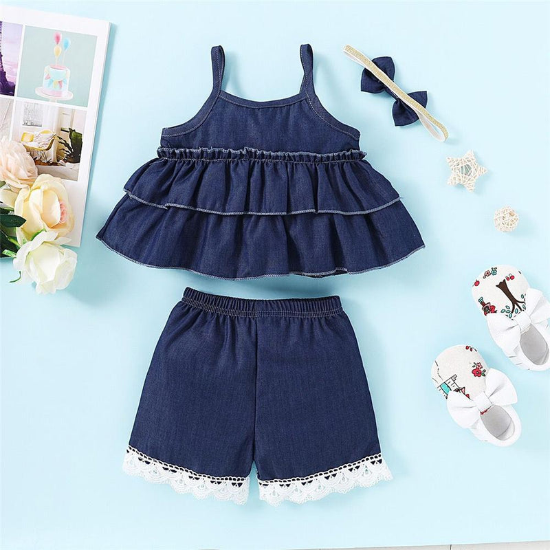 Girls Denim Solid Color Bow Decor Tank Top & Shorts Wholesale Little Girl clothes - PrettyKid