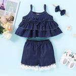 Girls Denim Solid Color Bow Decor Tank Top & Shorts Wholesale Little Girl clothes - PrettyKid