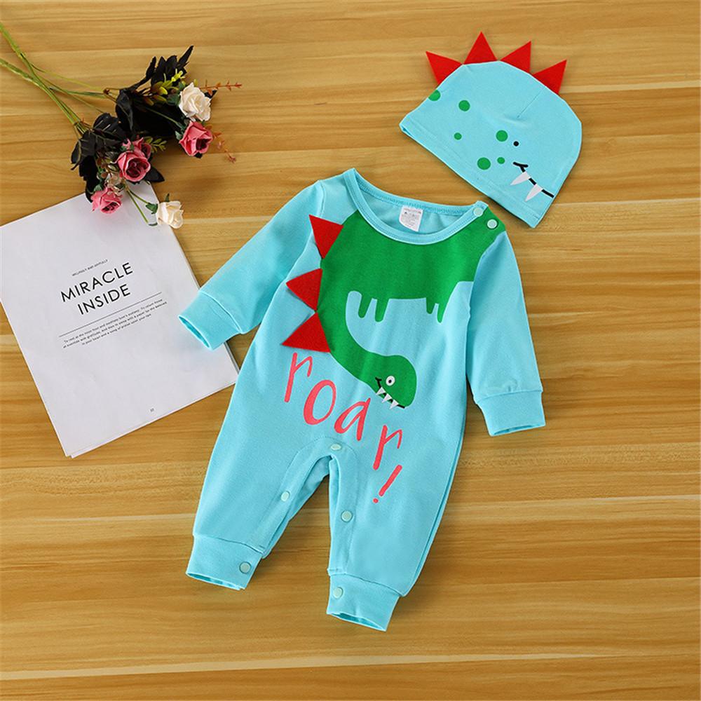 Baby Dino Cartoon Long Sleeve Romper & Hat - PrettyKid