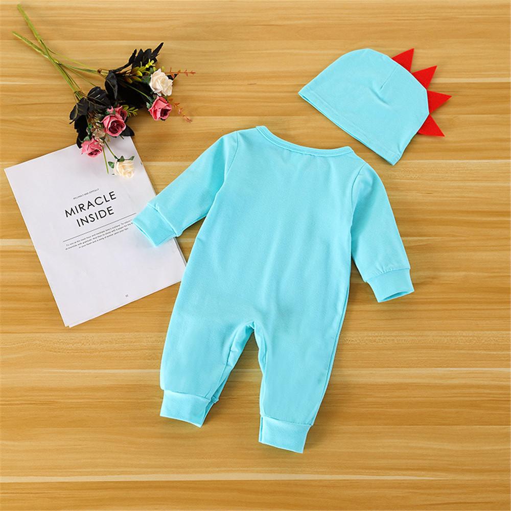 Baby Dino Cartoon Long Sleeve Romper & Hat - PrettyKid